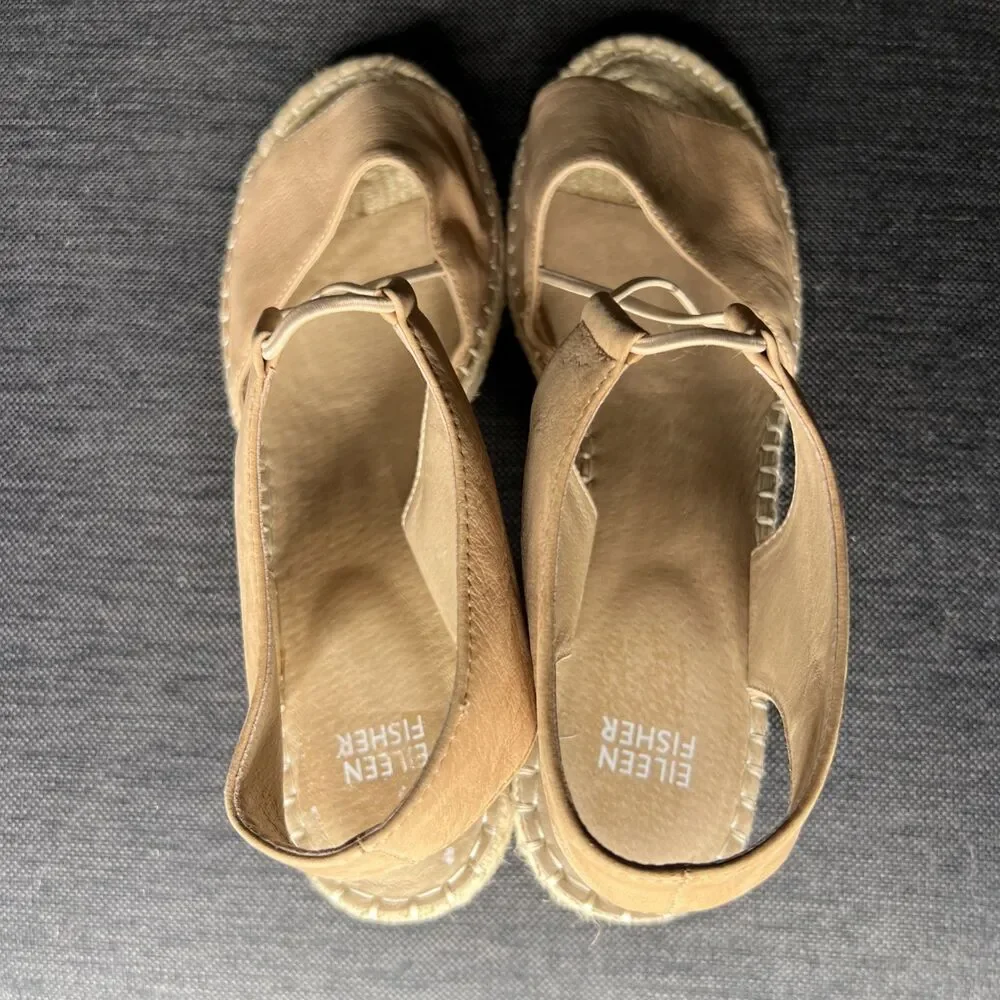 Eileen Fisher Agnes Wedge Espadrilles Sandals Womens 10 Beige Leather Neutral